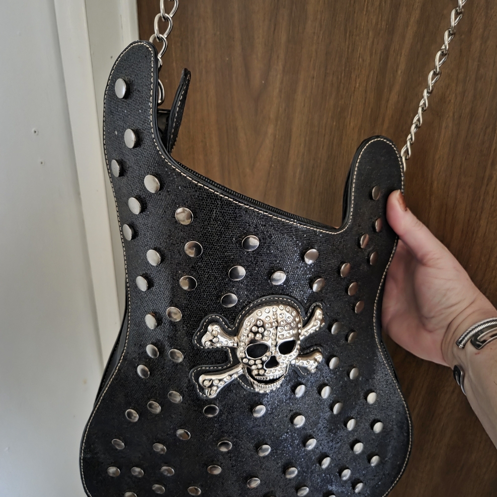 Studded Black Glittery Crossbody Bag with Skull Design